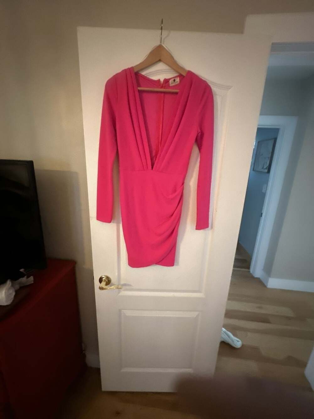 Morning Mist Women's Long Sleeve V-Neck Ruched Mini Dress in Neon Pink